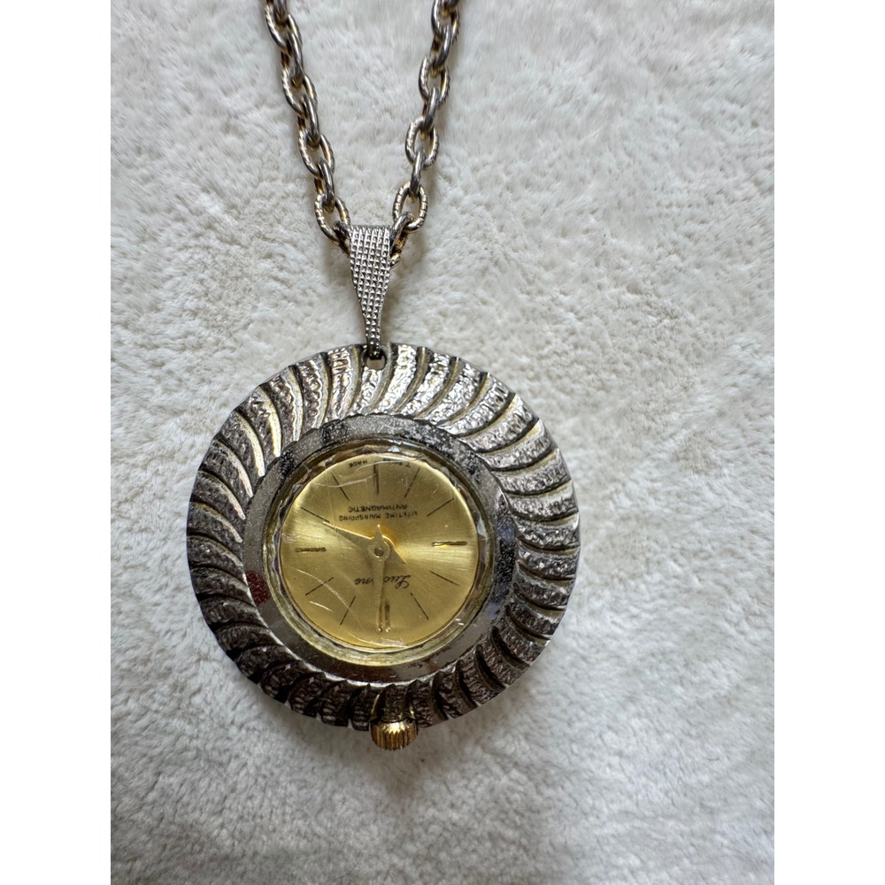 Vintage Lucerne Pendant Watch Swiss Made Silver Gold Tone Sunburst 24in Chain
